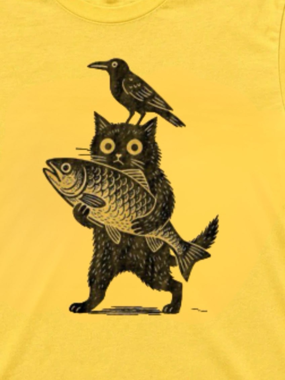 Gildan Yellow Graphic Tee with Black Cat, Fish & Crow Print - Picture 2 of 2